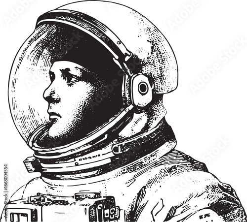 Astronaut in space helmet and suit in profile. Detailed monochrome vector illustration with retro engraving style.