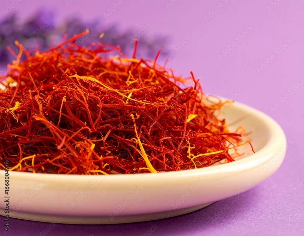 Naklejka premium Aromatic Saffron Threads in a Bowl with Lavender Accents on Violet Background