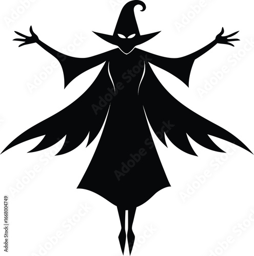 Witch Silhouette With Outstretched Cloak Flying Up