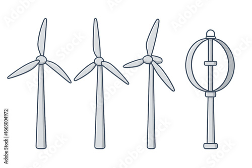 Set of wind turbines, various designs. Modern renewable technology for sustainable electricity generation. Vector cartoon illustration. Green energy and wind power concept.