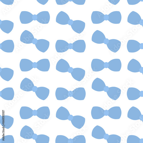 Blue bow. Chaotically scattered bows. Seamless vector pattern. Endless ornament of cute bow ties. Isolated colorless background. Idea for web design.