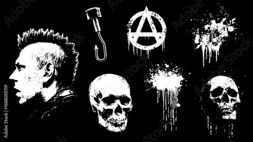 Punk, skull, and anarchy symbol set with splashes and mohawk profile in black and white grunge style. Grunge street art vector illustration set.