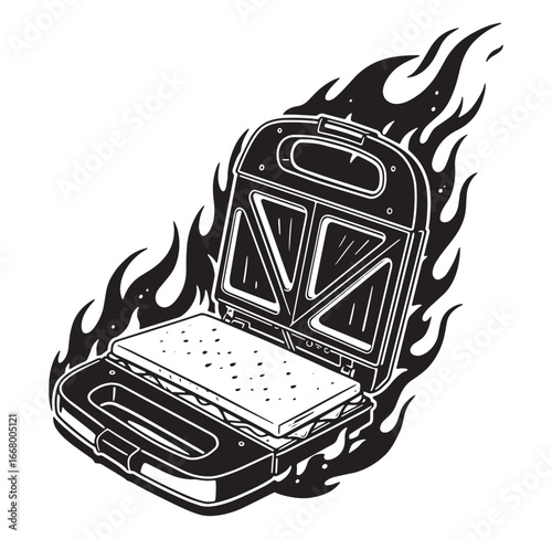Illustration of a sandwich maker grilling a sandwich with fire for a graphic design
