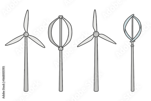 Set of various wind turbines. Horizontal and vertical axis designs. Renewable energy and sustainable power concept. Green technology for clean electricity generation. Vector icon.