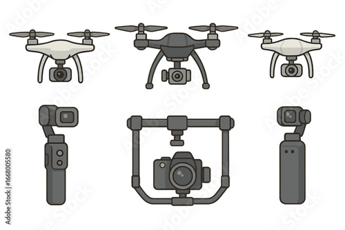 Drone and camera gimbal stabilizer equipment set. Vector illustration icon collection for aerial photography and videography. Flat design quadcopter and handheld steadicam.