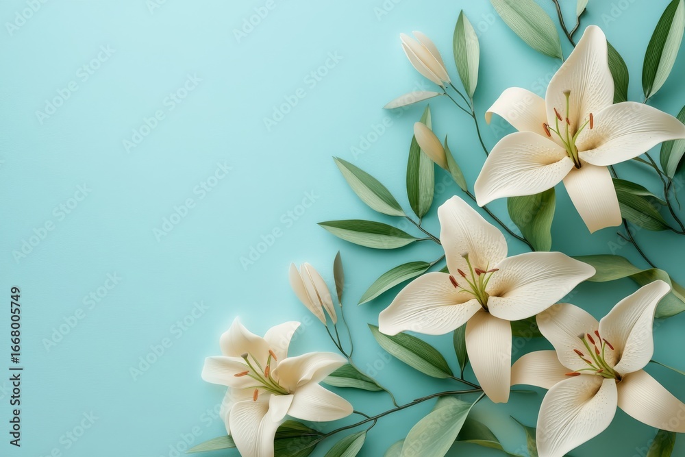 Fototapeta premium Delicate cream lilies and vibrant greenery arranged artfully on a light turquoise background.