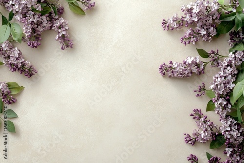 Delicate lilac blossoms arranged in a symmetrical border on a textured light beige surface, showcasing springtime beauty and tranquility.