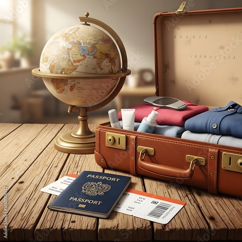 Realistic illustration of a passport, suitcase, plane ticket, and globe on a wooden table, symbolizing global travel and exploration