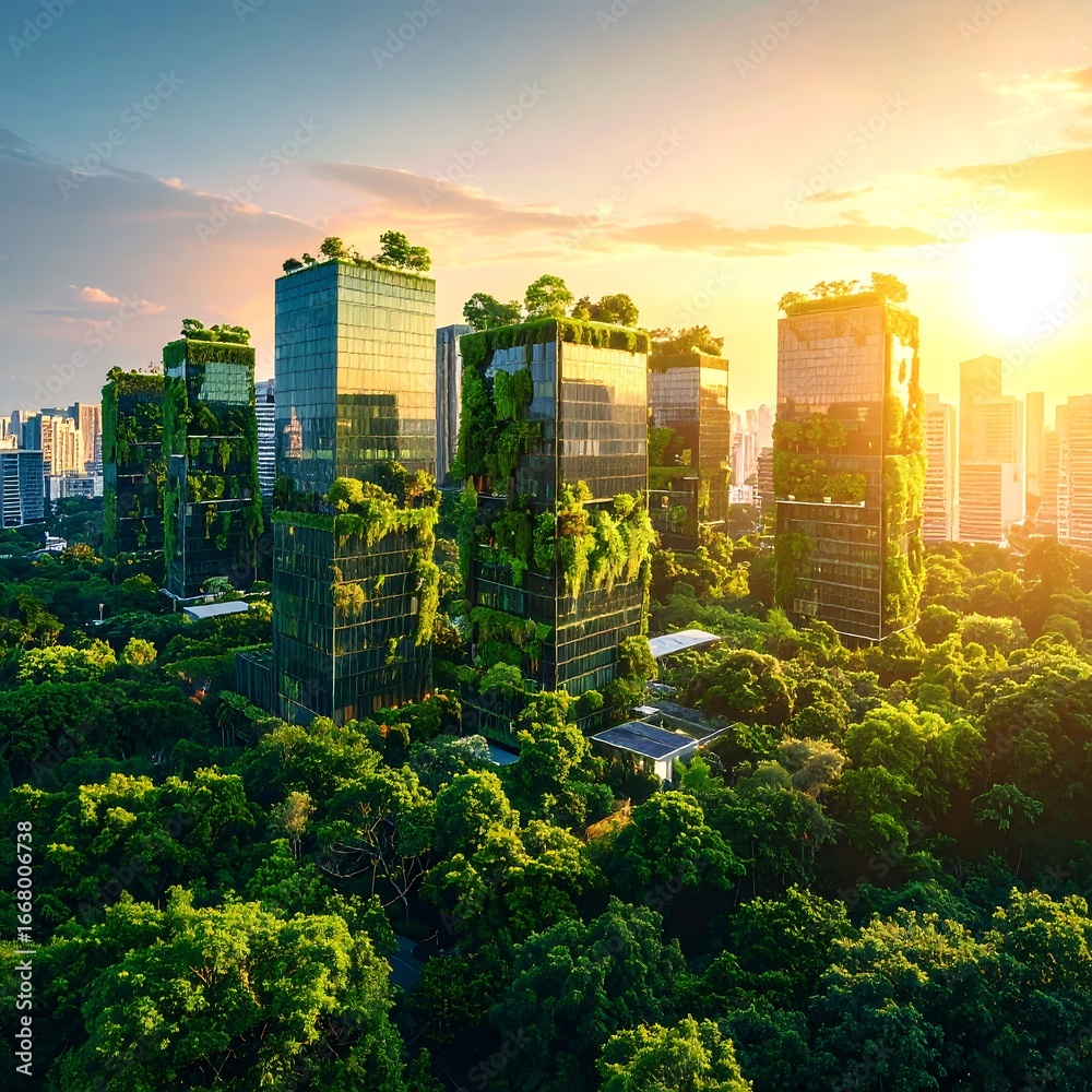 Obraz premium Sustainable City Skyline with Greenery-Covered Buildings at Sunrise.