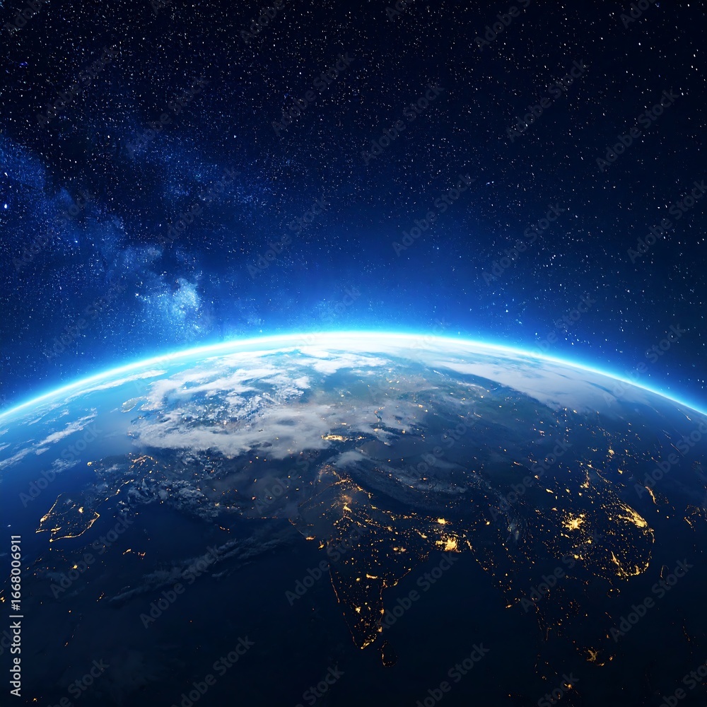 Fototapeta premium Earth from Space, Nighttime View, Detailed Continents.