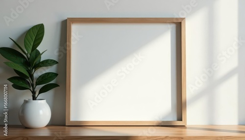 Blank wooden picture frame against a modern wall , design element, vertical, house