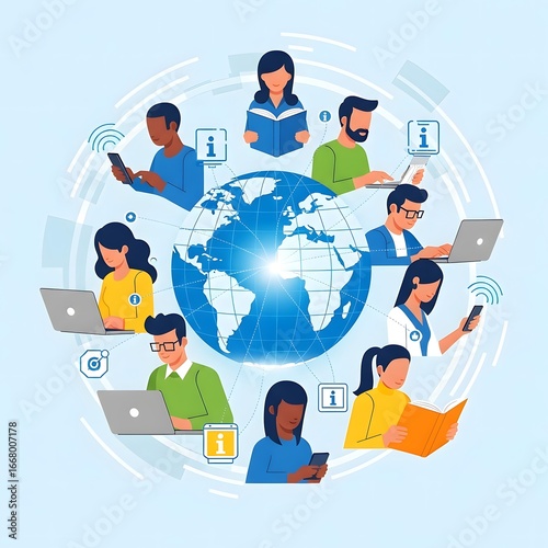 Flat vector illustration of diverse people using laptops, books, and smartphones connected to a glowing globe, symbolizing universal access to information
