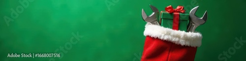 Christmas sock filled with wrenches in gift box, green background, unexpected gift, festive, box