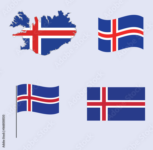 Iceland flag icon set. vector Graphics, Nordic Cross Flags of Iceland,  Official colors and proportions. Iceland Road Trip Map Template with tourist attractions .