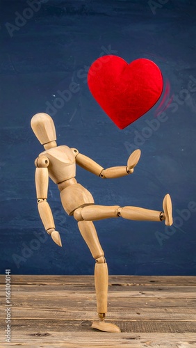 Wooden mannequin kicking a red heart (1)