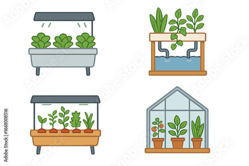 Indoor gardening and urban farming concepts. Vector icon set with hydroponic systems, smart garden planters with grow lights, and a mini greenhouse. Home planting and cultivation.