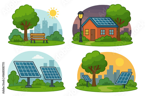 Set of urban green spaces with solar energy solutions. Sustainable living concept with solar panels on house roof and in city park. Renewable energy. Vector illustration.