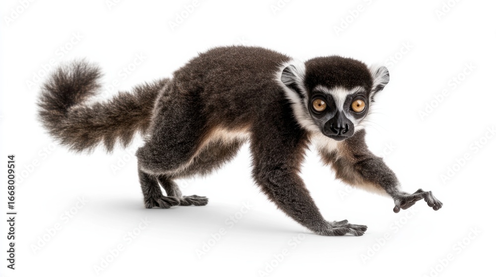 Fototapeta premium Ring-tailed lemur posing on white background with curious expression