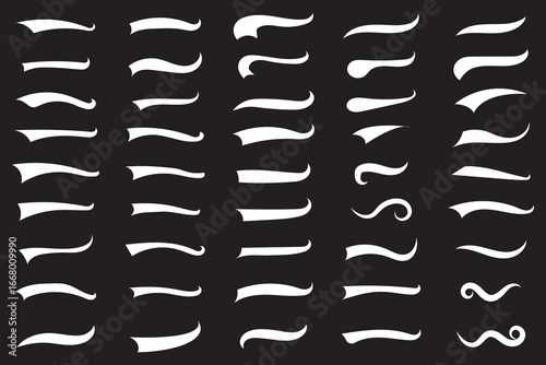 Elegant text tails swoosh Vector, calligraphy swirls for logo design, decoration. Varied thickness, curvature. Simple to complex shapes.