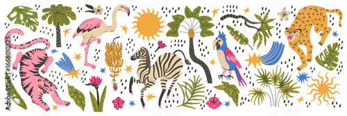 Funky tropic animal with leopard parrot and flamingo. Palm monstera leaves pattern.