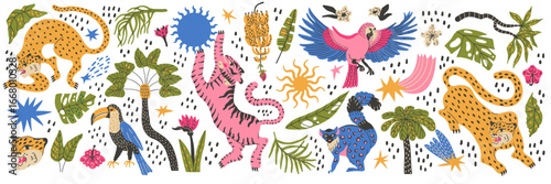Tropic animal funky with leopard, toucan, tiger  and parrot. Palm monstera leaves.