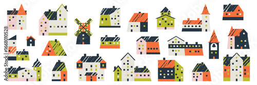 Tiny house neighbourhood sweden scandinavian building. Vector small heim village.
