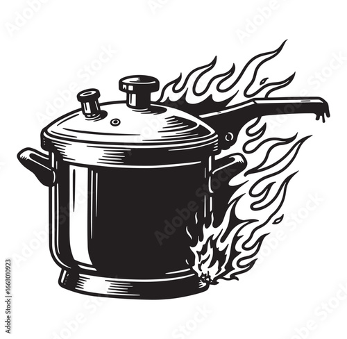 Vintage style illustration of a pressure cooker overheated with flames surrounding