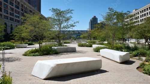 Public park with modern stone benches, trees, and urban architecture