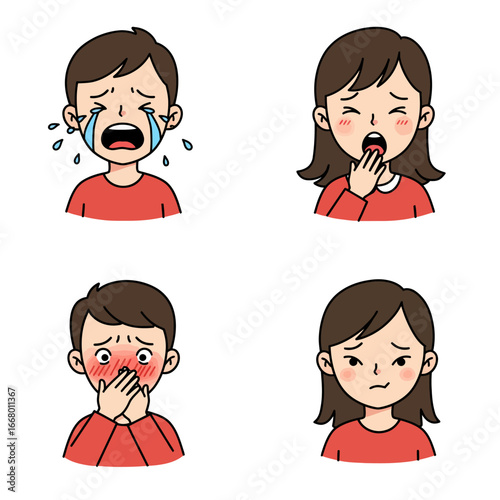 Cartoon Characters Expressing Emotions Crying Yawning Embarrassed and Annoyed.