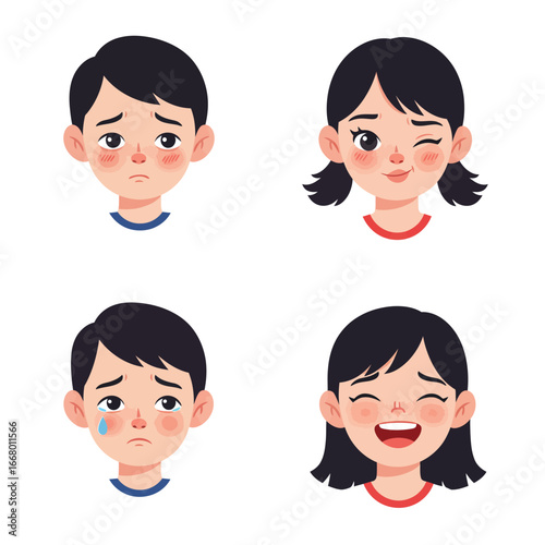Cartoon childrens faces with diverse expressions sad boy crying boy winking girl and laughing girl.