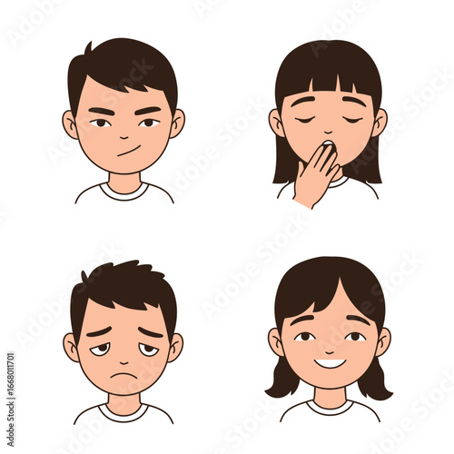 Cartoon Faces Boy with smirk girl yawning sad boy and smiling girl.