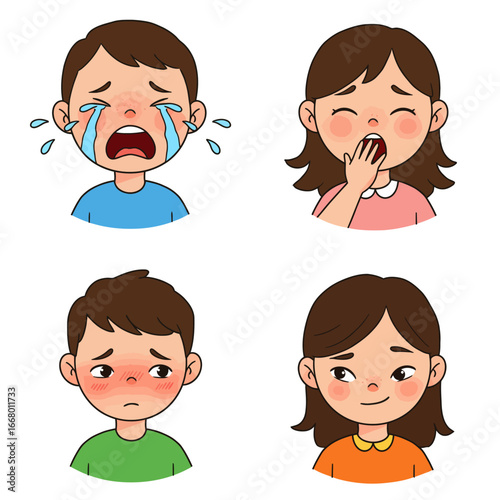 Cartoon Faces Crying Boy Yawning Girl Sad Boy and Smirking Girl.