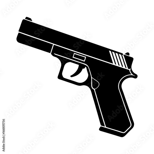 A black silhouette of a handgun with a trigger and visible barrel end