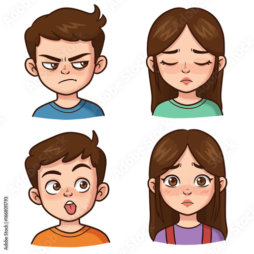 Cartoon Faces Expressing Anger Sadness Surprise and Worry with Brown Hair.