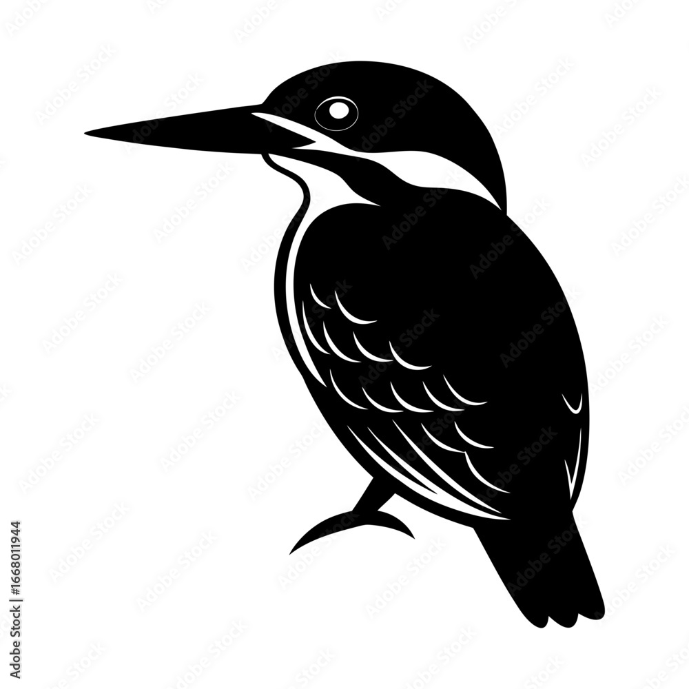 Fototapeta premium Silhouette of a kingfisher bird perched with detailed feather design