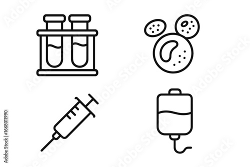 Medical and healthcare line icon set. Blood test tube, hematology cells, syringe for injection or vaccine, and IV drip bag for infusion therapy. Lab analysis concept vector.
