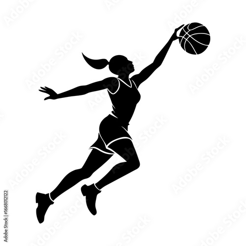 Silhouette of a female basketball player reaching for the basketball high up