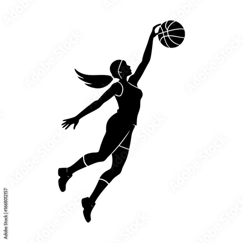 Silhouette of a woman basketball player reaching for the basketball high up