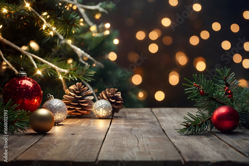 Empty wooden table, balls, christmas tree, lights on background, blurred bokeh. Christmas mock up banner to display, advertise product, promotion sale, presentation. New year, winter backgrounds. 