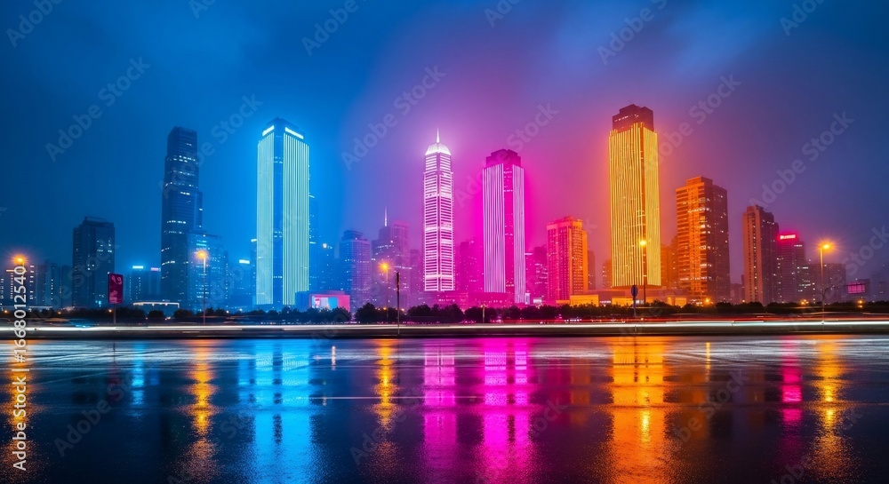 Fototapeta premium Vibrant cityscape at night with illuminated skyscrapers and water reflections modern urban architecture