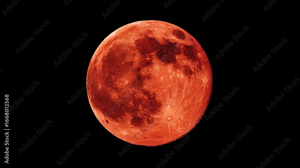 Fototapeta premium Magnificent full red moon with detailed lunar surface illuminated in dark night sky