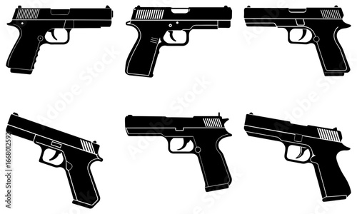 Illustration of six black pistols in various orientations and styles