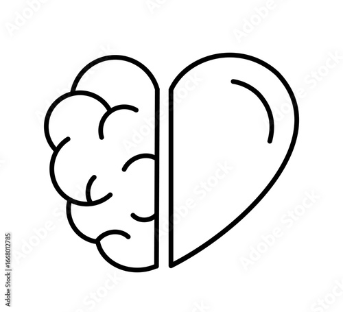 Brain heart line icon. Balance of emotions and logic. Half a heart and half a brain symbol. Rational thinking and emotional intelligence. Harmony between feelings and intellect. Vector illustration. 