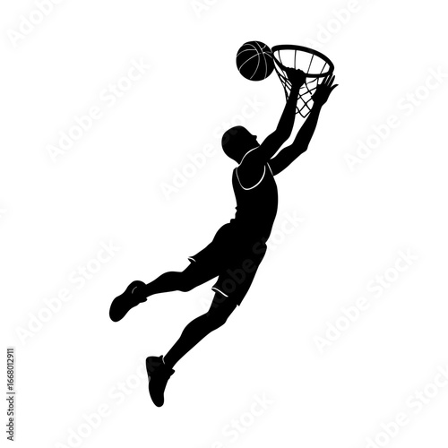 Silhouette of a basketball player dunking the ball into the hoop high up