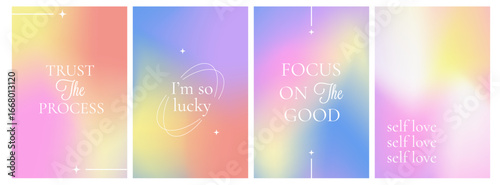 Poster set with motivate and inspirational phrase. Gradient blurred background with massage Patel pink mesh. Vintage y2k pastel color banner collection for social media post.