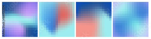 Set of pixelated gradient square. Multicolored pink mesh 8 bit background. Blur blue effect shapes mosaic.