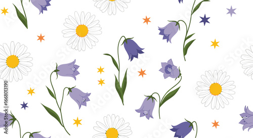 Whimsical daisy and bellflower pattern, perfect for spring designs, charming and elegant