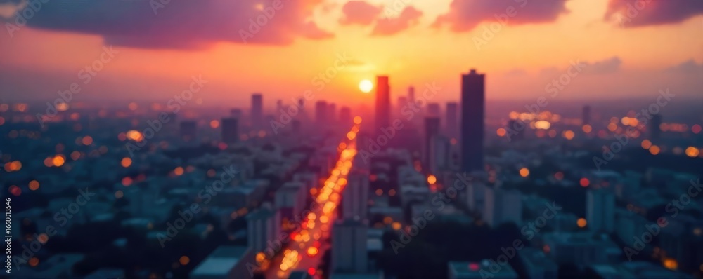 Fototapeta premium A blurred cityscape at sunset, symbolizing the ephemeral nature of time and the passing of moments into the future A sense of hopeful anticipation hangs in the air , future, silhouette