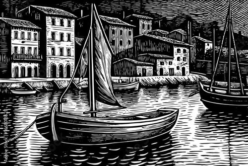 Mediterranean fishing sailboat resting in harbor, cultural charm captured in traditional black and white sketch.