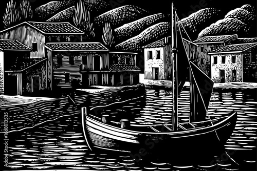 Mediterranean fishing sailboat resting in harbor, cultural charm captured in traditional black and white sketch.